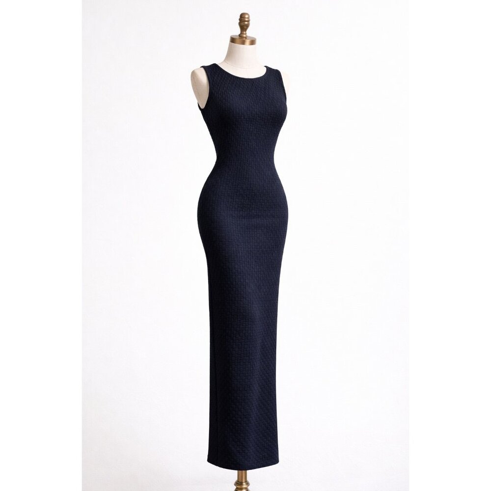 Carmen Marc Valvo Bodycon Maxi Dress Navy Stretch Textured XS